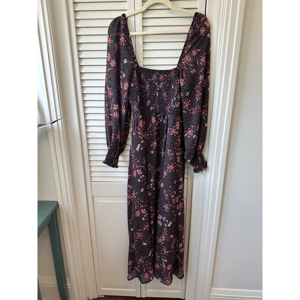 o.p.t. Floral Polka Dot Smocked Maxi Dress Square Neck Long Sleeve Slit L(9) - Picture 10 of 10